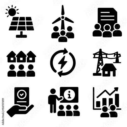 Community Energy Icons. Solid, filled icons set of community energy and RECs: solar co-op, shared turbine,