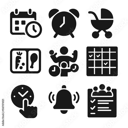 Parenting and Time Icons. Solid, filled icons set of parenting and time management: time planner, alarm clock,