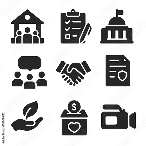 Community Engagement Icons. Solid, filled icons set of community and policy engagement: town hall, petition