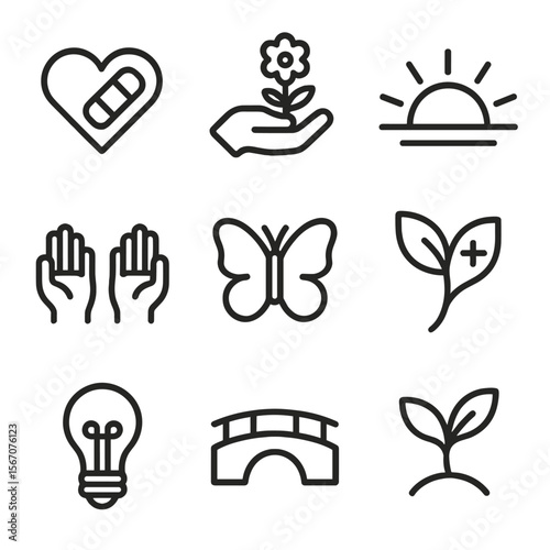 Emotional Healing Icons. Solid, filled icon set of emotional healing: heart with bandage, hand holding flower, rising sun, open