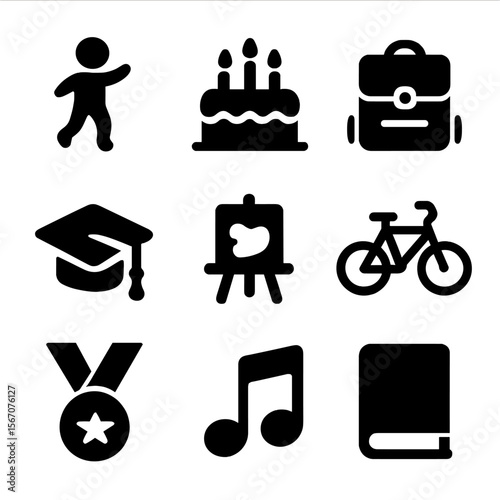 Grandchildren Milestones Icons. Solid, filled icon set of grandchildren milestones: first steps, birthday cake, school bag,