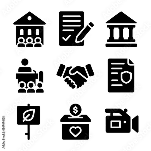 Community Engagement Icons. Solid, filled icons set of community and policy engagement: town hall, petition