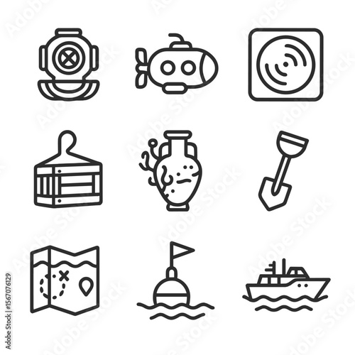 Underwater Archaeology Icons. Outline icon set of underwater archaeology: diving helmet, submersible, sonar scan, artifact