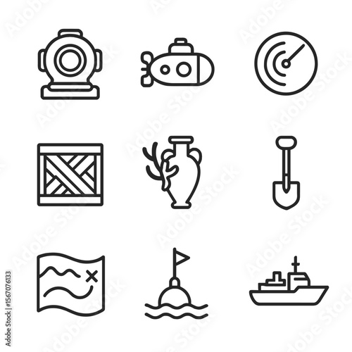 Underwater Archaeology Icons. Outline icon set of underwater archaeology: diving helmet, submersible, sonar scan, artifact