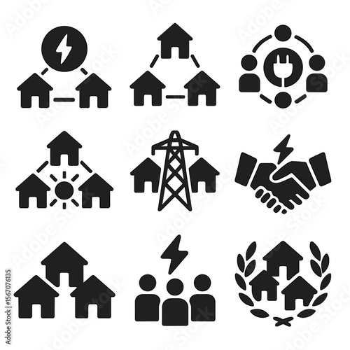 Community Energy Icons. Solid, filled icons set of community energy sharing: shared power, connected homes,