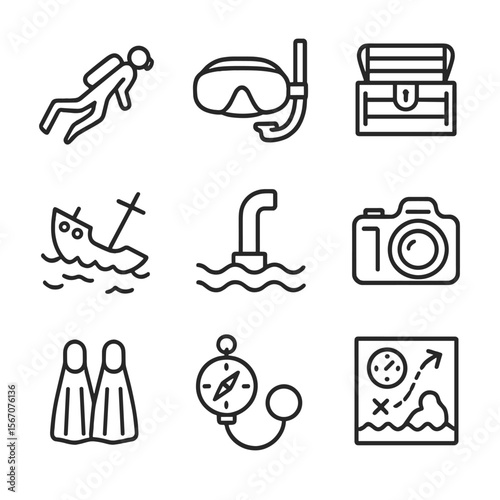 Underwater Exploration Icons. Outline icon set of underwater exploration and artifacts: scuba diver silhouette, diving mask,