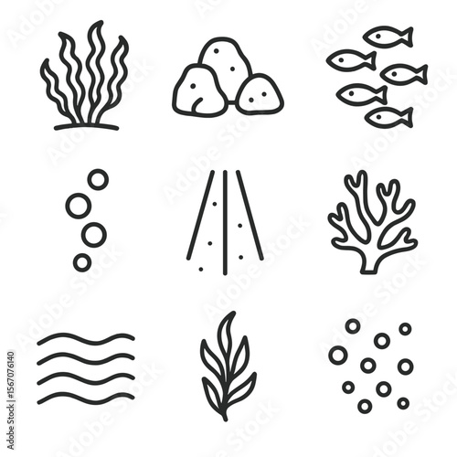Underwater Icon Set. Outline icon set of underwater environment elements: kelp forest, rocky reef, schools of fish, bubble trail,