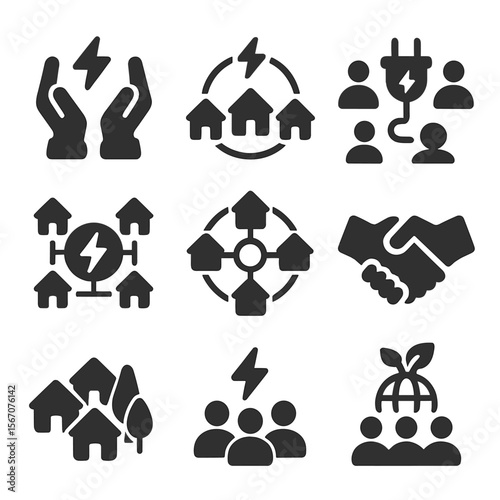 Community Energy Icons. Solid, filled icons set of community energy sharing: shared power, connected homes,