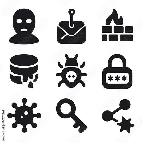 Cybersecurity Challenges Icons. Solid, filled icon set of cybersecurity challenges in the digital age: hacker mask, phishing email