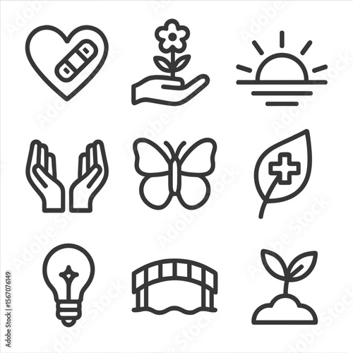 Emotional Healing Icons. Solid, filled icon set of emotional healing: heart with bandage, hand holding flower, rising sun, open
