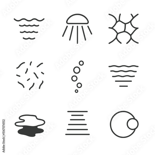 Underwater Light Icons. Outline icon set of underwater light patterns and surface interplay: water surface ripple, sunbeam shaft,