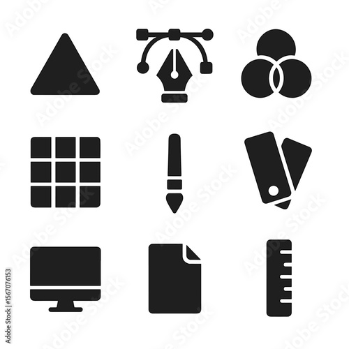 Graphic Design Icons. Solid, filled icon set of modern graphic design expo: geometric shape, pen tool, CMYK icon, grid layout,