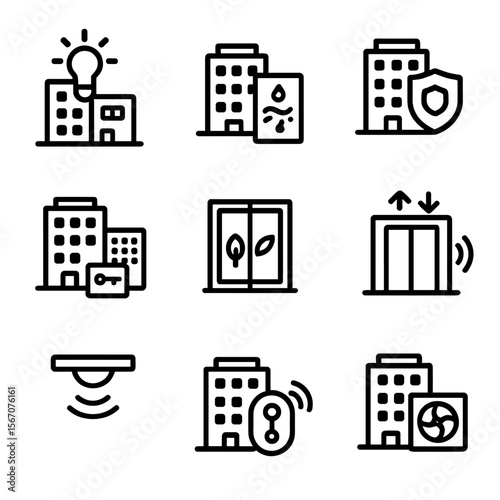 Smart Building Icons. Solid, filled icon set of smart buildings: automated lighting, smart thermostats, security systems, access