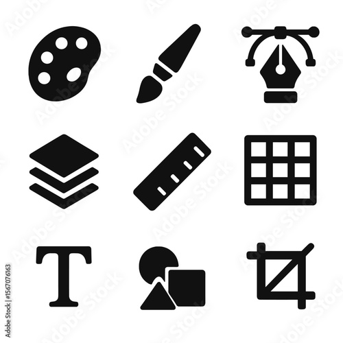 Graphic Design Icons. Solid, filled icon set of graphic design: color palette, brush, vector pen tool, layers, ruler, grid,