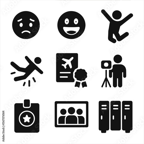 Participant Experience Icons. Solid, filled icons set of participant experience: nervous face, excitement