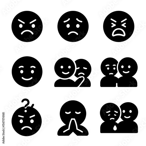 Emotional Icon Grid. Solid, filled icon set of emotional expressions in conflict: anger, sadness, frustration, calm, understanding