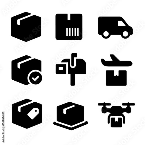 Delivery Icons Grid. Solid, filled icon set of delivery boxes: courier box, shipping barcode, delivery van, signed box, mailbox