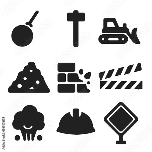 Demolition Icons Grid. Solid, filled icon set of construction demolition: wrecking ball, sledgehammer, bulldozer, debris pile,