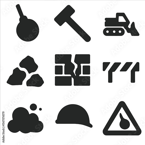 Demolition Icons Grid. Solid, filled icon set of construction demolition: wrecking ball, sledgehammer, bulldozer, debris pile,