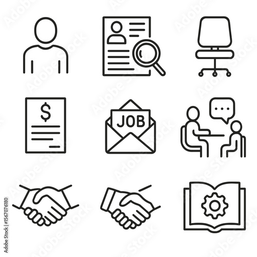Unemployment Icon Set. Outline icon set of unemployment and job market impact: unemployed silhouette, resume document, job search