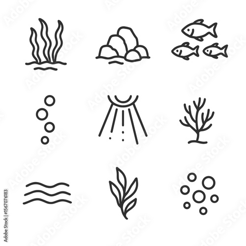 Underwater Icon Set. Outline icon set of underwater environment elements: kelp forest, rocky reef, schools of fish, bubble trail,