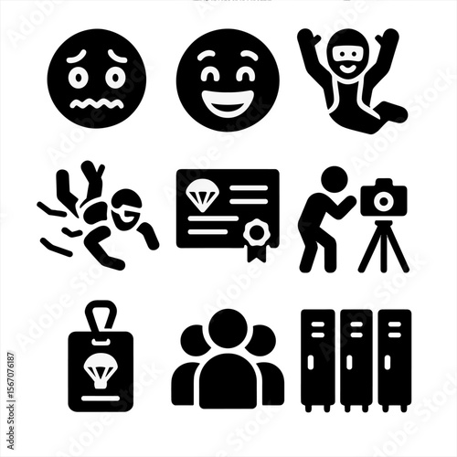 Participant Experience Icons. Solid, filled icons set of participant experience: nervous face, excitement