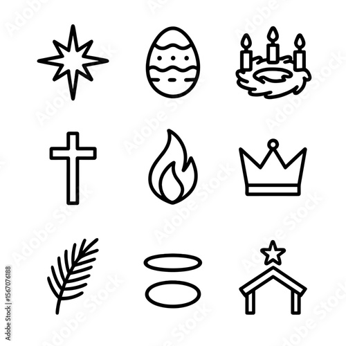 Christian Festival Icons. Outline icon set of Christian holidays and festivals: Christmas star, Easter egg, Advent wreath, Good