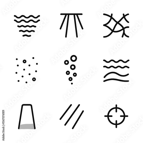 Underwater Light Icons. Outline icon set of underwater light patterns and surface interplay: water surface ripple, sunbeam shaft,
