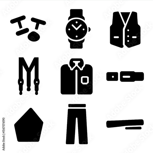 Groom's Formalwear Icons. Solid, filled icon set of groom’s formalwear items: cufflinks, dress watch, vest, suspenders, dress