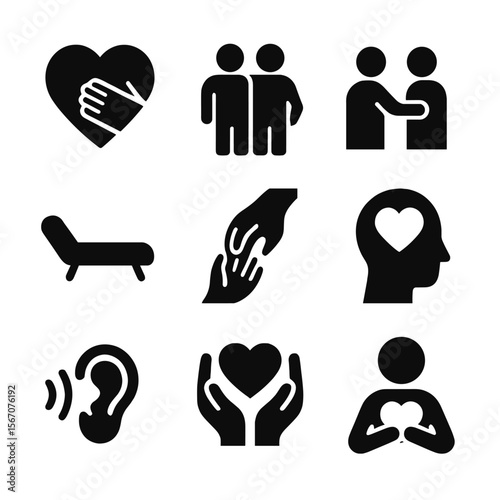 Emotional Support Icons. Solid, filled icon set of emotional support: heart hug, friendship, encouragement, understanding, therapy