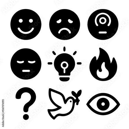 Emotional States Icons. Solid, filled icon set of emotional states: happiness smile, sadness tear, anxiety swirl, calm face, hope