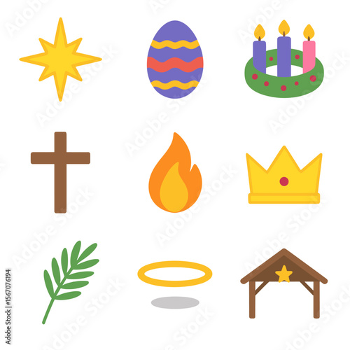 Christian Festival Icons. Flat icon set of Christian holidays and festivals: Christmas star, Easter egg, Advent wreath, Good