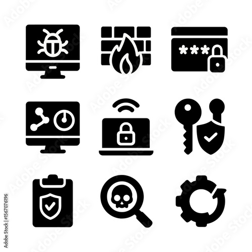 Cybersecurity Tools Icons. Solid, filled icon set of cybersecurity tools: antivirus software, firewall, password manager,