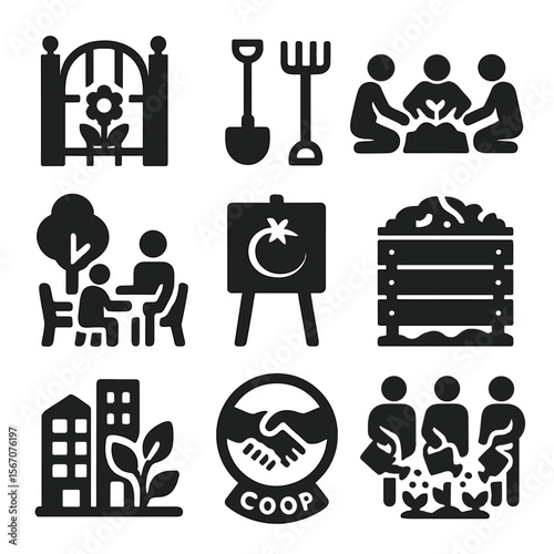Community Garden Icons. Solid, filled icons set of community rooftop garden spaces: garden gate, shared tools,