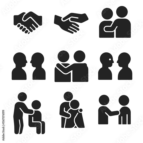 Emotional Support Icons. Solid, filled icon set of emotional support gestures: holding hands, gentle pat, supportive shoulder