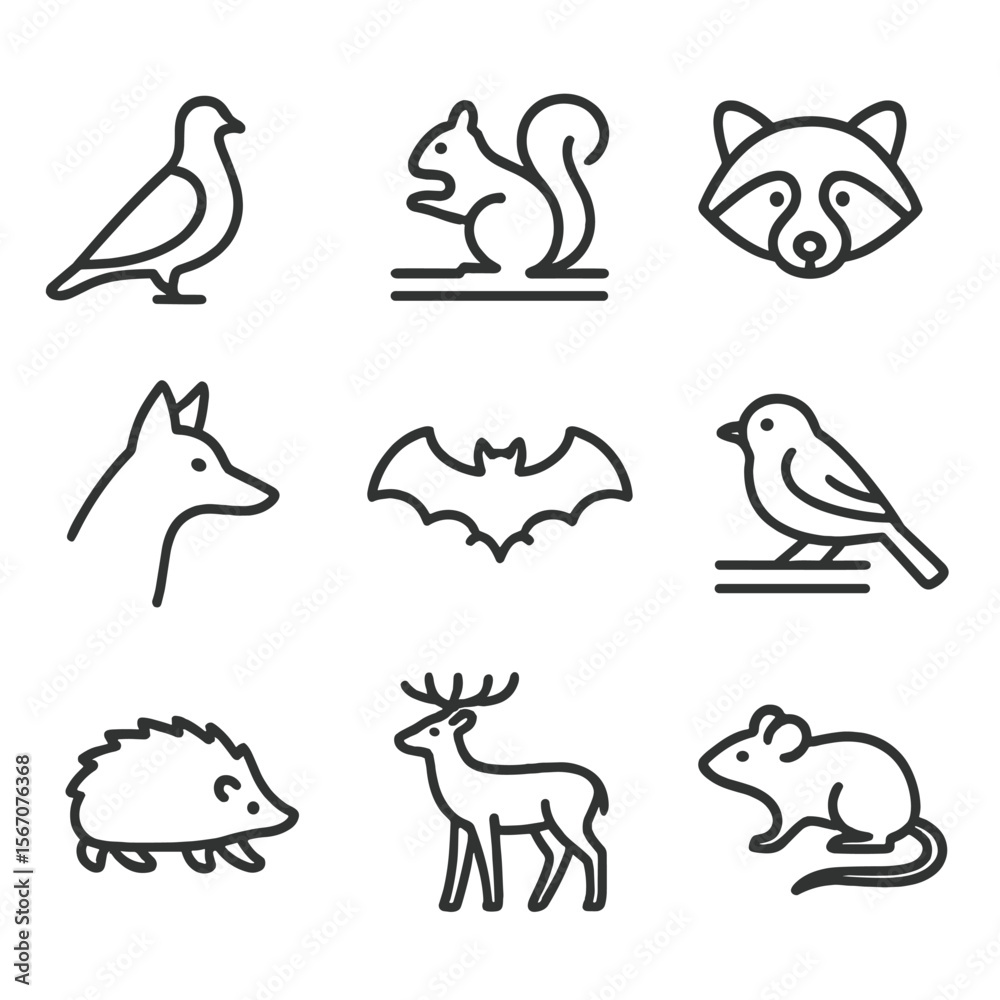 Naklejka premium Urban Fauna Icons. Outline icon set of urban fauna diversity: pigeon silhouette, squirrel on branch, raccoon face, urban fox