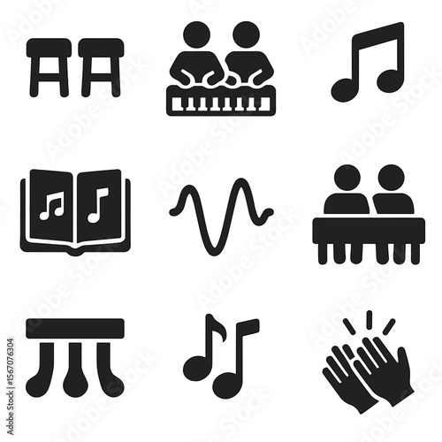 Piano Duet Icons. Solid, filled icons set of piano duets and ensembles: dual bench, four hands icon,