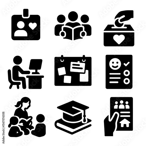 Community Library Icons. Solid, filled icons set of community library engagement: volunteer badge, book club,