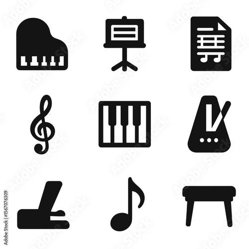 Piano Icon Set. Solid, filled icons set of piano and sheet music: grand piano, music stand, sheet music,