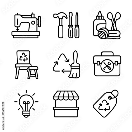 Upcycling Icons Set. Outline icon set of upcycling and repair events: sewing machine, workshop tools, DIY craft supplies, upcycled