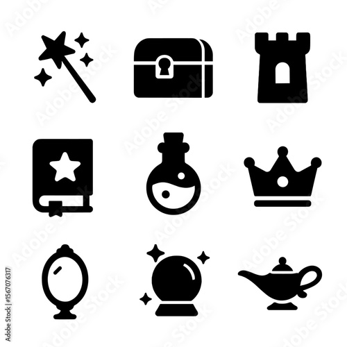 Enchanted Icon Grid. Solid, filled icon set of enchanted storybook elements: magic wand, treasure chest, castle tower, spell book,