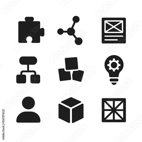 Design Thinking Icons. Solid, filled icon set of design thinking: puzzle piece, mind map, wireframe, flowchart, sticky notes, gear