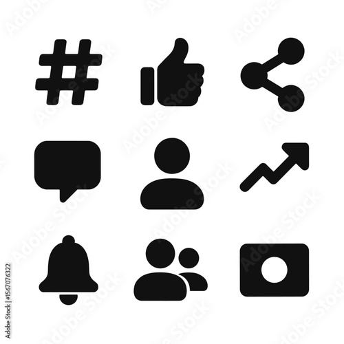 Social Media Icon Set. Solid, filled icon set of advocacy social media: hashtag, like button, share icon, comment bubble, follower