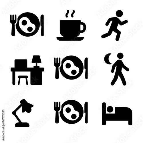 Daily Routine Icons. Solid, filled icon set of daily routine: breakfast plate, coffee cup, exercise figure, work desk, lunch,