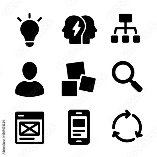 Design Thinking Icons. Solid, filled icon set of Design thinking: light bulb, brainstorming, flowchart, user persona, sticky notes