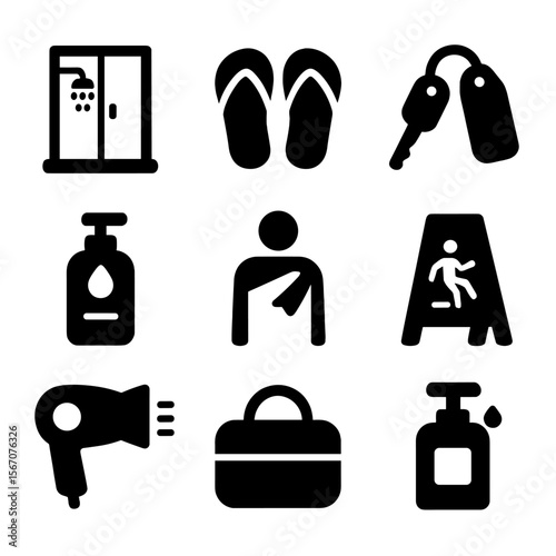 Gym Shower Icon Set. Solid, filled icon set of gym showering habits: shower cubicle, flip flops, locker key, body wash, quick