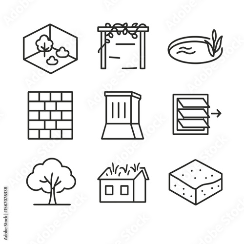 Urban Cooling Icons. Outline icon set of passive urban cooling design: courtyard garden, vine-covered pergola, water pond, thermal