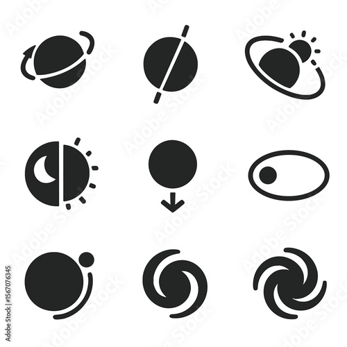 Planetary Motion Icons. Solid, filled icons set of planetary motion and rotation: planet spin, axis tilt,