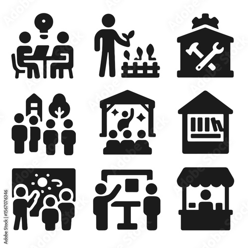 Community Project Icons. Solid, filled icons set of community-based urban projects: co-working hub, community