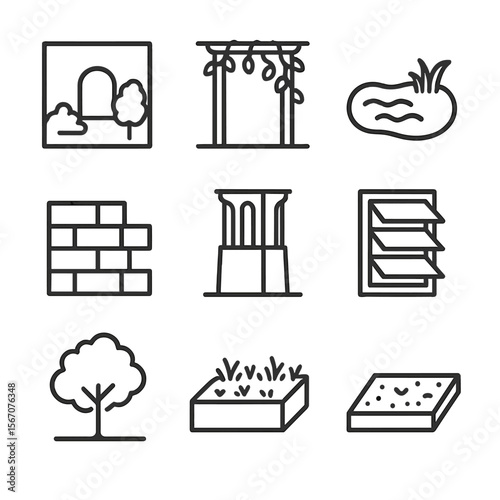 Urban Cooling Icons. Outline icon set of passive urban cooling design: courtyard garden, vine-covered pergola, water pond, thermal